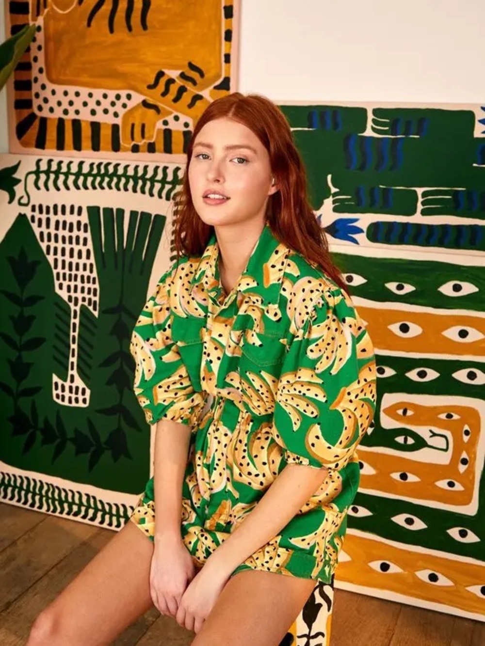 FARM Rio Green Raining Banana-Print Twill Romper